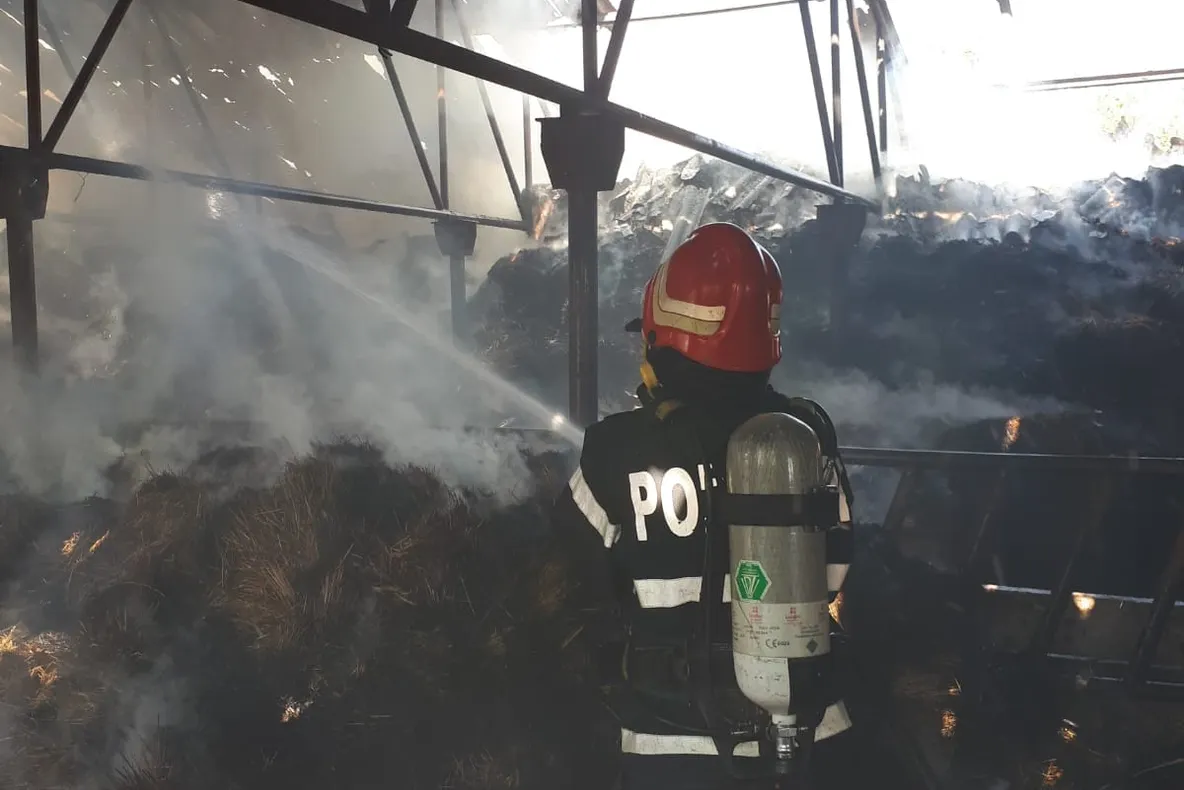 VIDEO-Incendiu la un depozit de furaje din Mozăceni. Mii de baloti făcuți scrum!