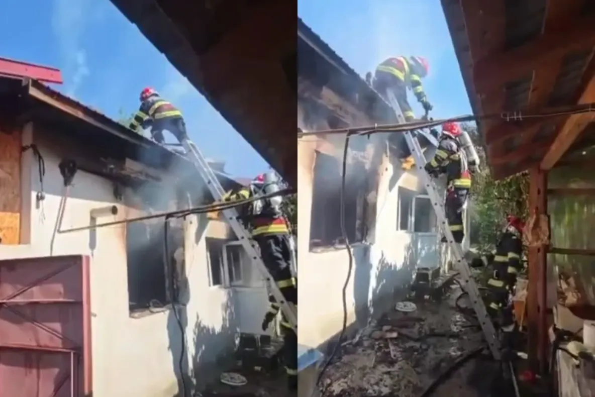 Femeie găsită inconștientă într-o casă cuprinsă de flăcări în Argeș. Pompierii au salvat-o în ultima clipă