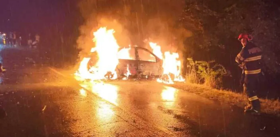 Argeș: Un autoturism a lovit un copac și a luat foc