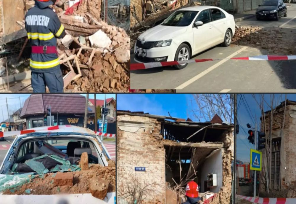 Perete prăbușit peste o mașină oprită la semafor, în Giurgiu. Cinci oameni au scăpat ca prin minune - FOTO