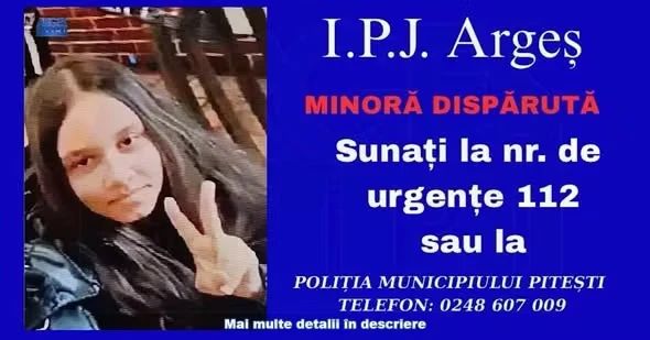 Adolescentă de 13 ani, din Pitești, dată în căutare după ce a plecat de acasă cu un alt minor