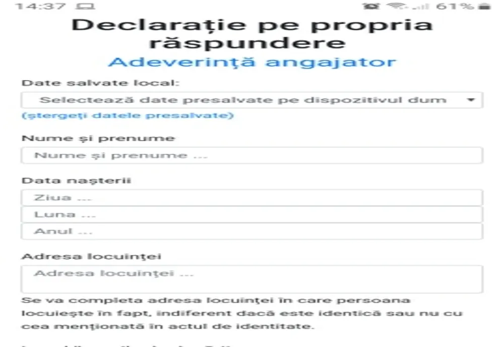 Declarația de deplasare completată în platforma electronică