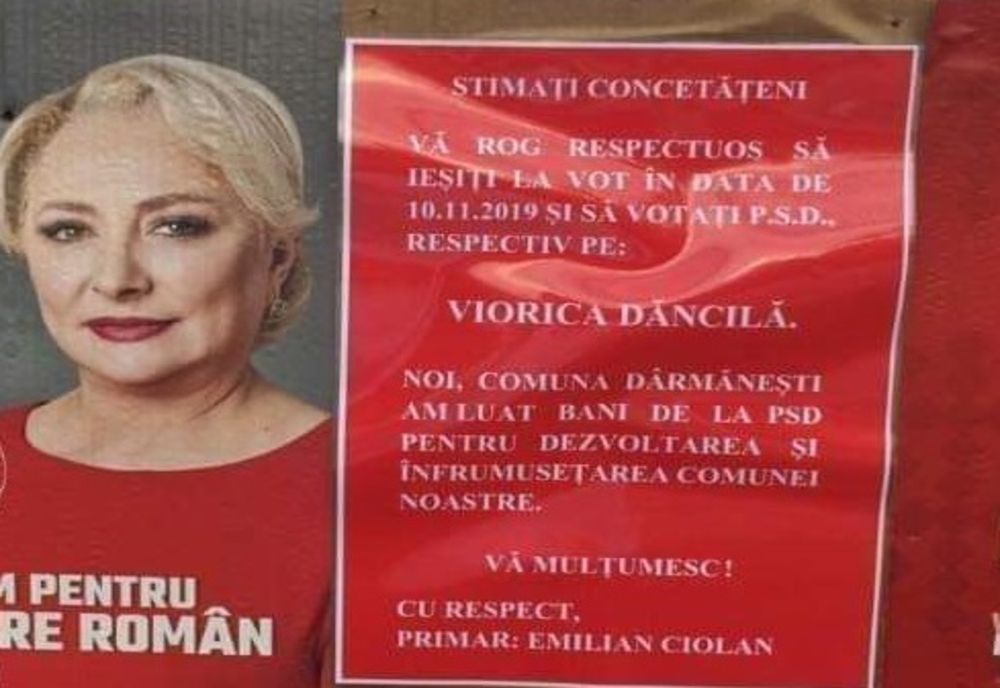 Un primar a împărțit afișe în care îi roagă pe oameni să voteze cu... Dăncilă